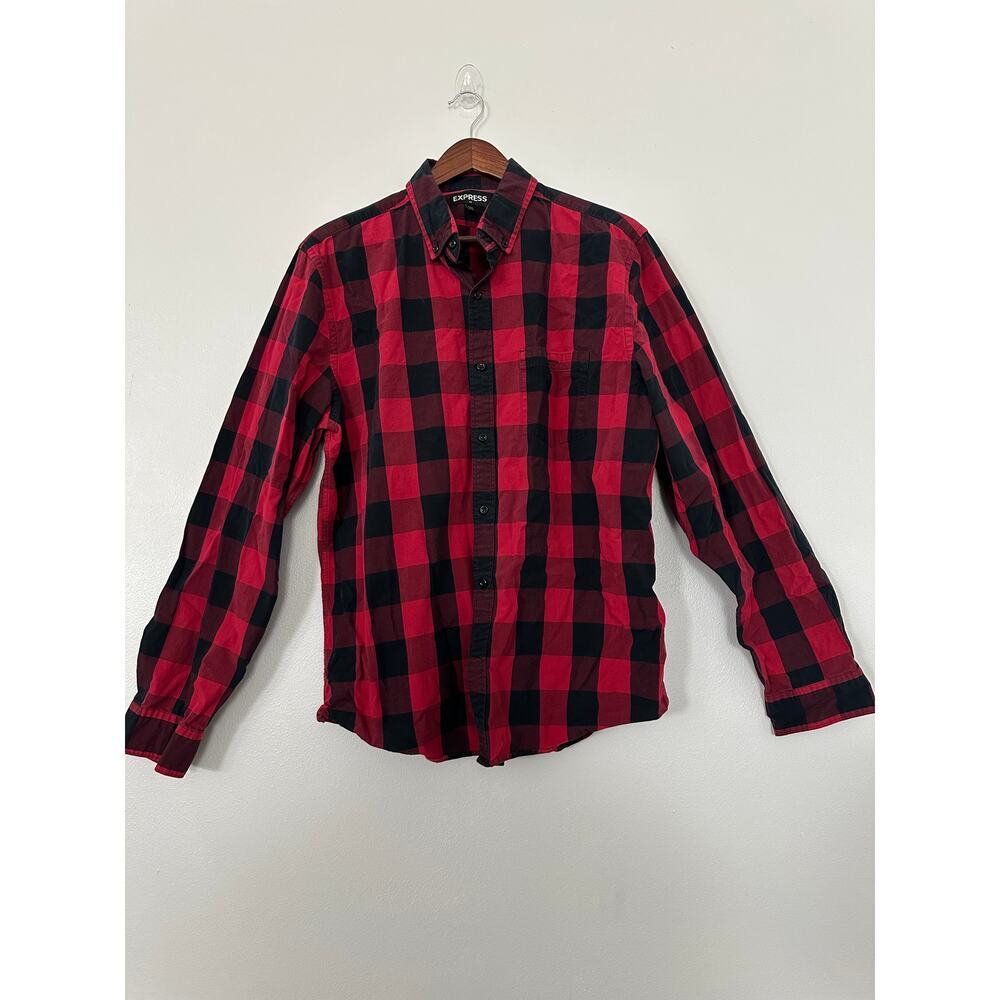 Express Men's Red & Black Buffalo Plaid Button-Up Shirt